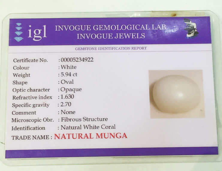 6.50 ratti/5.94 ct Natural Certified  White Coral/सफ़ेद मूंगा